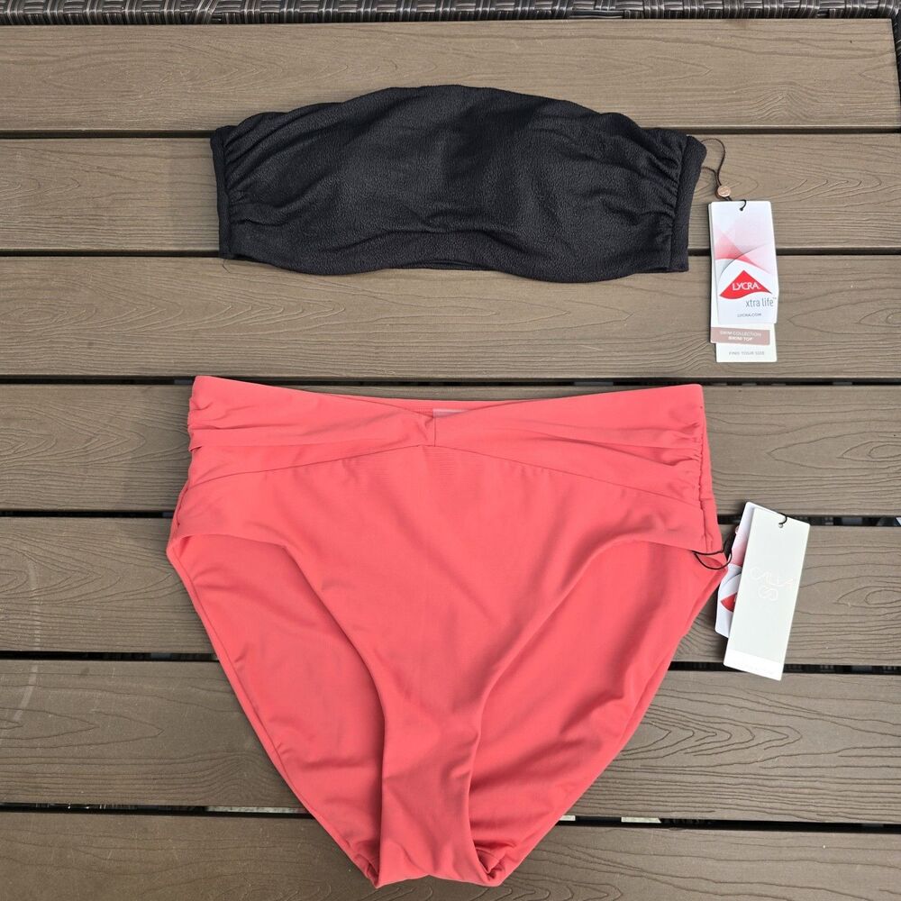 CALIA Women's Solid Black Bandeau & Shirred V Front High Rise Bikini Sz M New